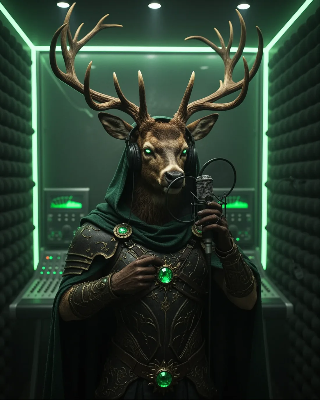 The Stag House mascot, a hooded stag in headphones, singing into a studio microphone in a neon green recording booth