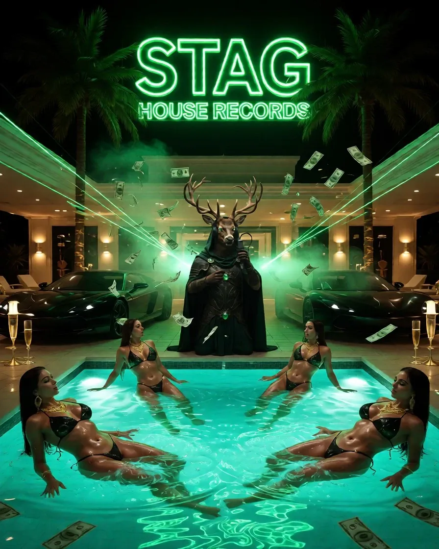 Stag House Records pool party at night with the mascot, supercars and neon lasers