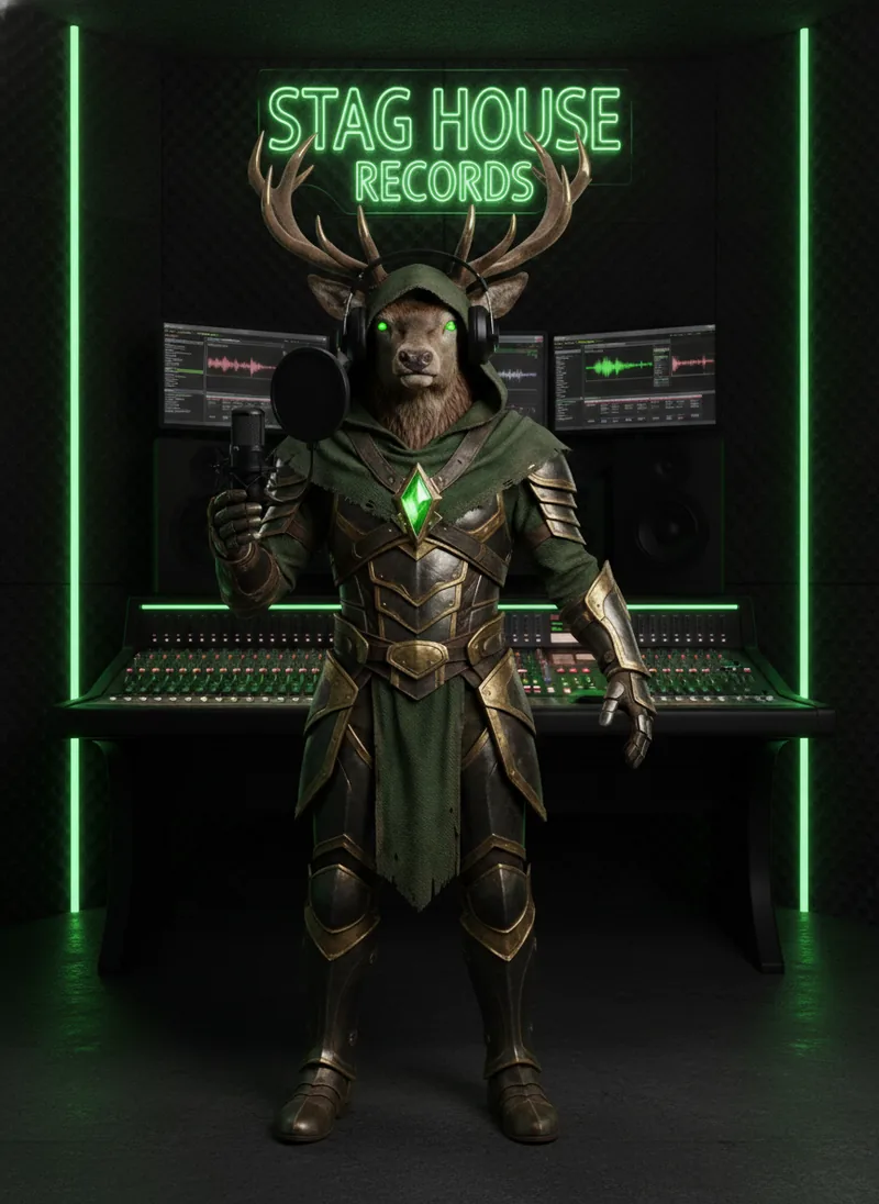 The Stag House mascot at the mixing console under a neon Stag House Records sign